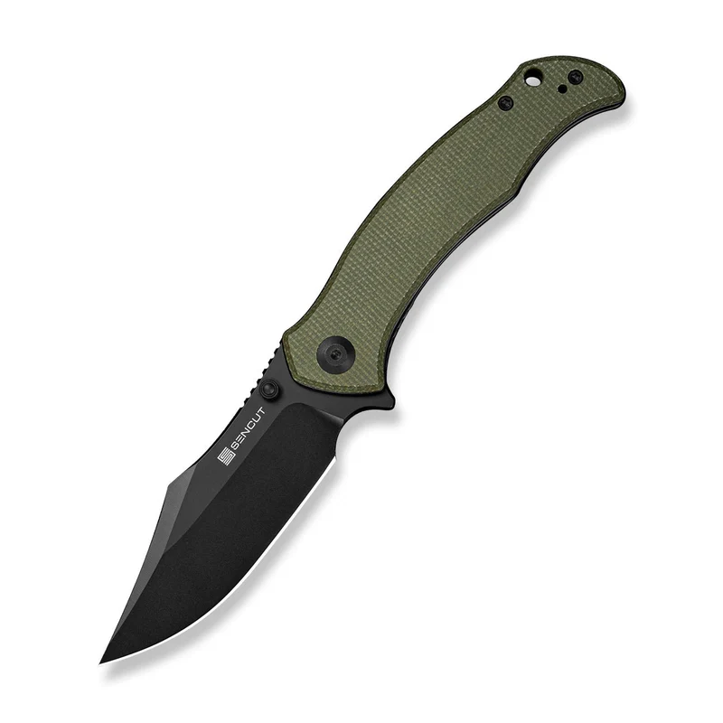 SENCUT Tauron Flipper & Thumb Stud Knife Olive Canvas Micarta Handle (3.48" Black D2 Blade) S25060-3