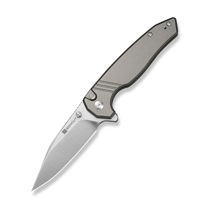 SENCUT Selkyris Flipper & Thumb Stud & Button Lock Knife Gray Aluminum Handle (3.36" Satin Finished D2 Blade) S25068-2 