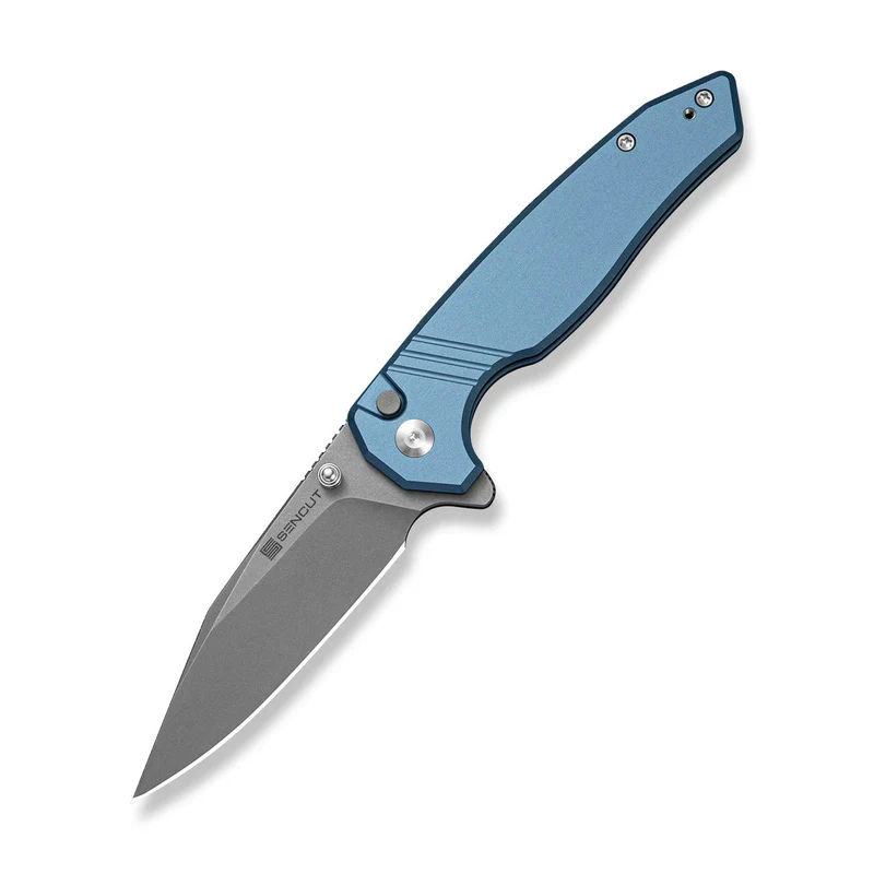 SENCUT Selkyris Flipper & Thumb Stud & Button Lock Knife Blue Aluminum Handle (3.36" Gray Stonewashed D2 Blade) S25068-3