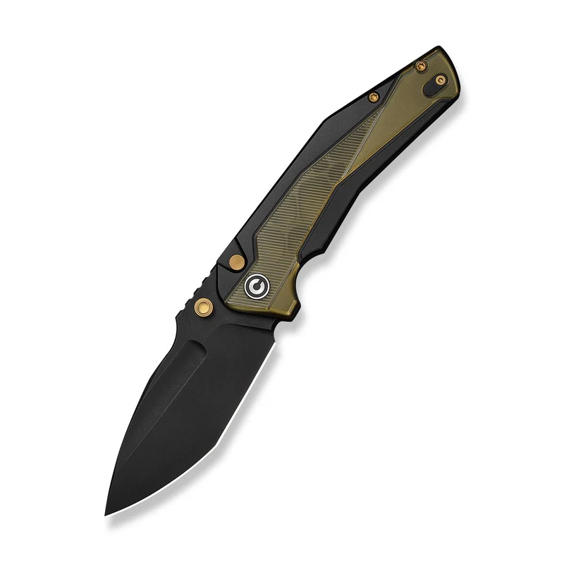 CIVIVI Wellmax Thumb Stud & Button Lock Knife Black Aluminum Handle With Polished Yellow Ultem Inlay (3.6" Black Stonewashed 14C28N Blade) C24008C-2