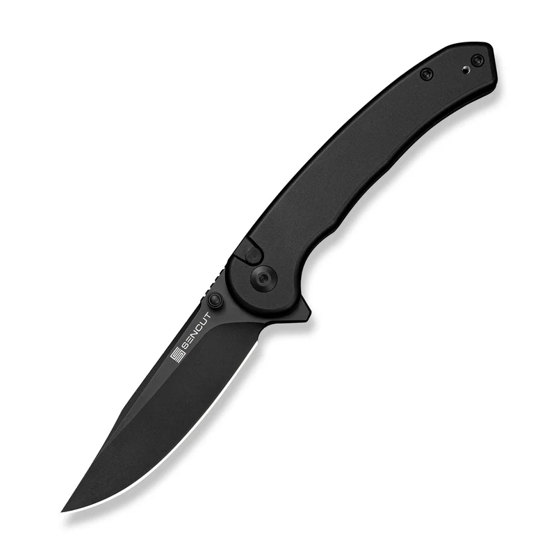 SENCUT Ingot Flipper & Thumb Stud & Button Lock Knife Black Aluminum Handle (3.21" Black D2 Blade) S25102-2