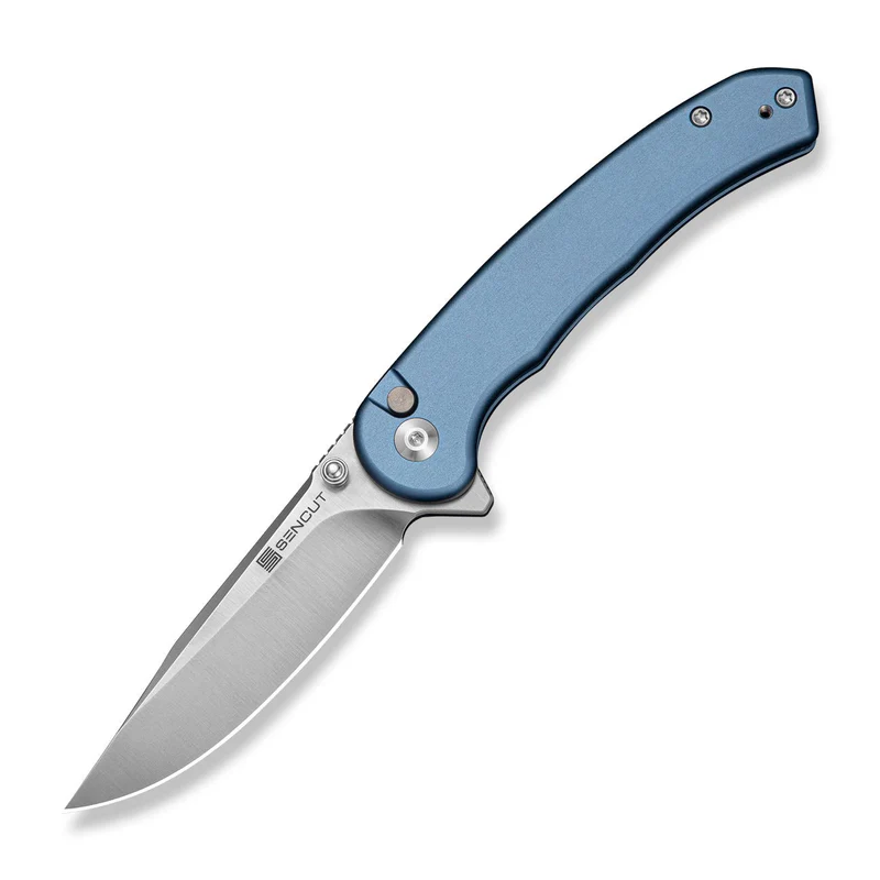 SENCUT Ingot Flipper & Thumb Stud & Button Lock Knife Blue Aluminum Handle (3.21" Satin Finished D2 Blade) S25102-3