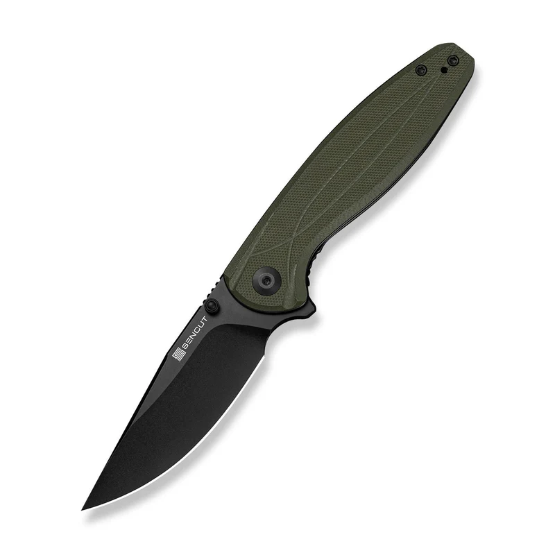 SENCUT Vyrce Flipper & Thumb Stud Knife OD Green G10 Handle (3.49" Black D2 Blade) S25104-1