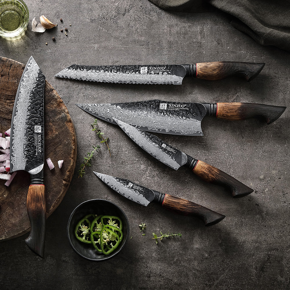 XINZUO 5-Piece Knife Set, 67 Layers Black Damascus Steel,Burnt Oak Handle MO-Series X06-A5B