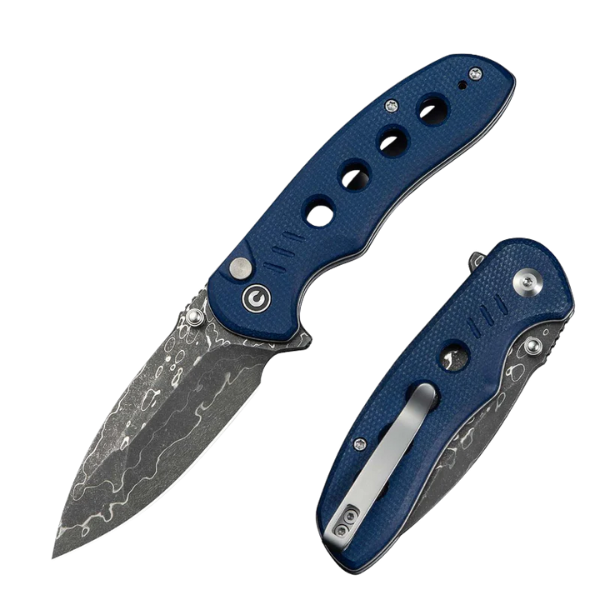CIVIVI Triptych Flipper & Thumb Stud & Button Lock Knife Blue Canvas Micarta Handle (2.97" Damascus Blade)
