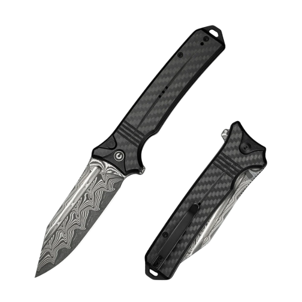 CIVIVI Neurohaptic Damascus Blade Flipper & Button Lock Knife Carbon Fiber & G10 Handle 