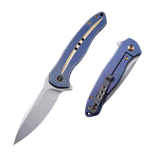 WE KNIFE Kitefin Blue Ti Handle With A Golden Groove On Presentation