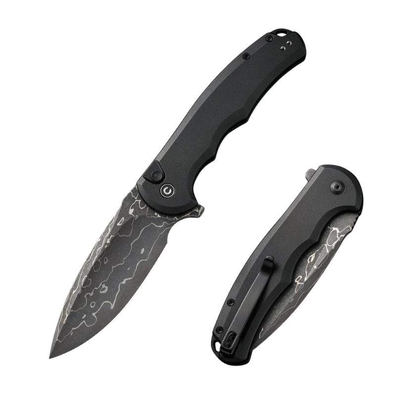CIVIVI Button Lock Praxis Flipper Knife Aluminum Handle (3.75" Damascus Blade)