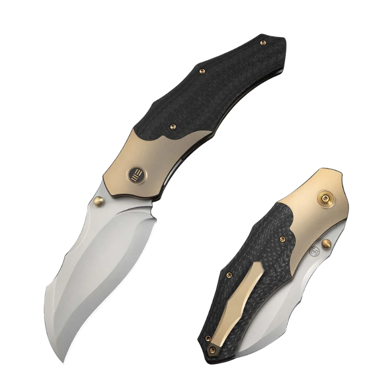 WEKNIFE Orc Boss Thumb Stud Knife Champagne Titanium Handle With Twill Carbon Fiber Inlay (3.82" Stonewashed CPM 20CV Blade)