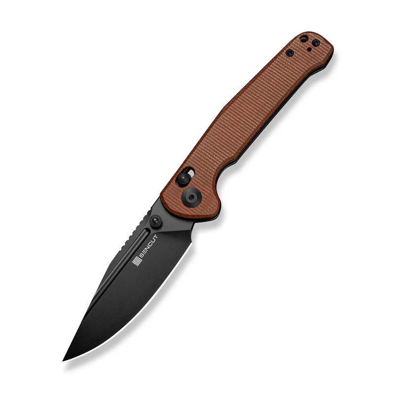 SENCUT Glenspar Thumb Stud & Crossbar Lock Knife Brown Canvas Micarta Handle (3.45" Black 9Cr18MoV Blade) S25046-3