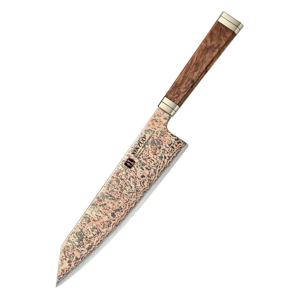 XINZUO 8.3 Inches Kiritsuke Chef Knife, 53-Layer Tri-Color Copper Damascus Steel,Rosewood Handle,Acacia Wooden Gift Box Packing X08C-QF