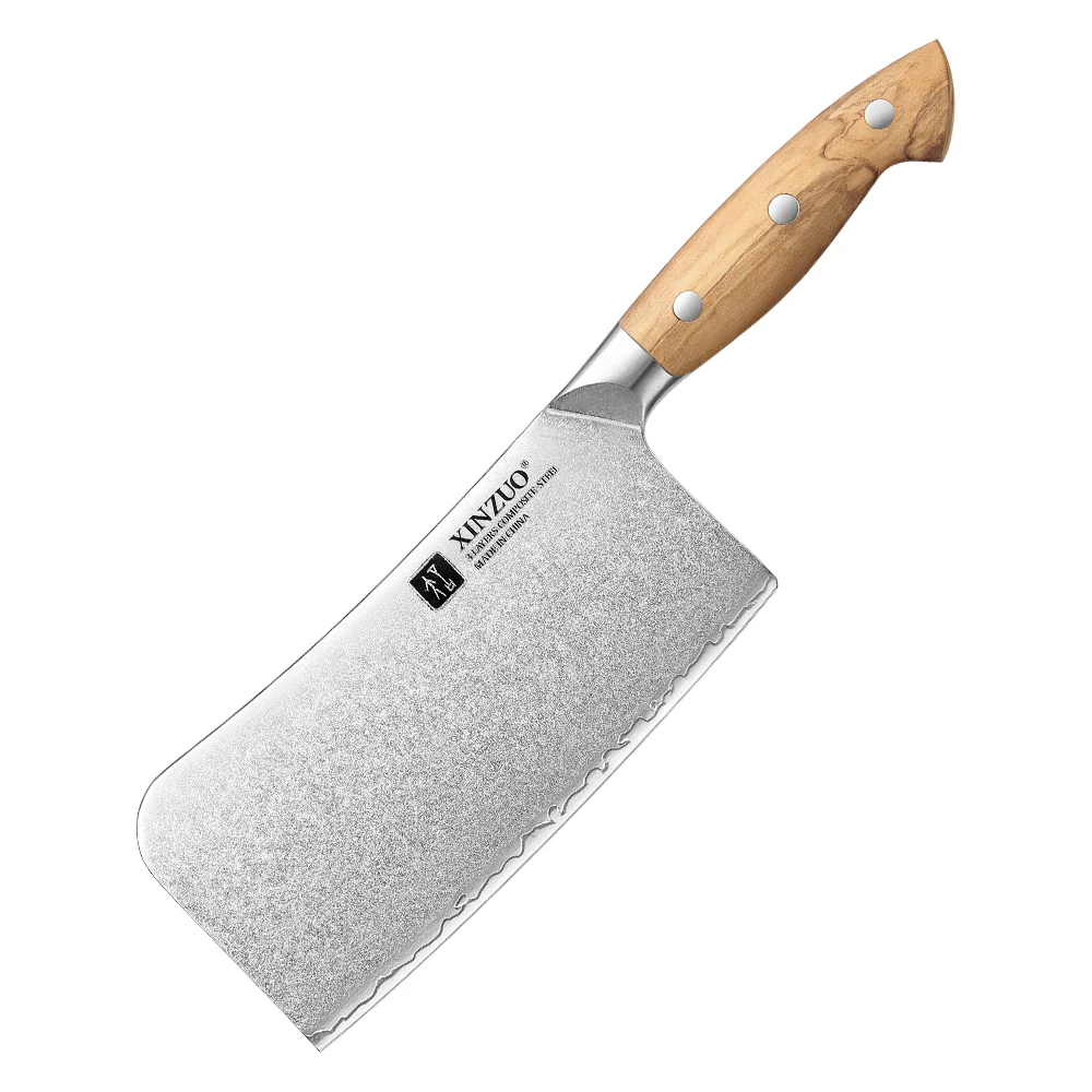 XINZUO Professional Chinese Bone Cleaver Knife - Triple-Layer Composited Steel with Olive Wood Handle, Razor Sharp & Ergonomic Design-PIN Series X02O-KG