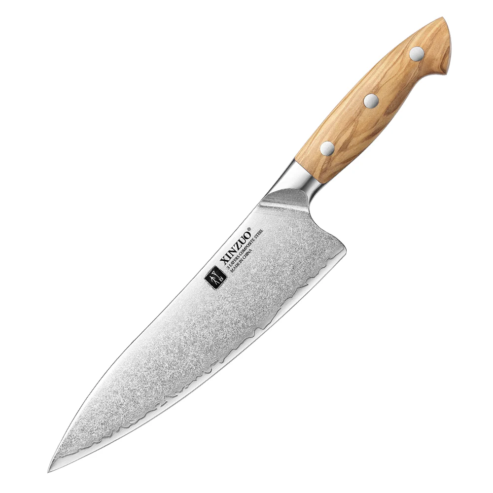 XINZUO Professional Chef Knife - Triple-Layer Composited Steel with Olive Wood Handle, Razor Sharp & Ergonomic Design-PIN Series X02O-CS