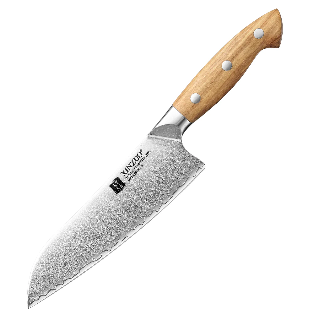 XINZUO Professional Santoku Knife - Triple-Layer Composited Steel with Olive Wood Handle, Razor Sharp & Ergonomic Design-PIN Series X02O-RS