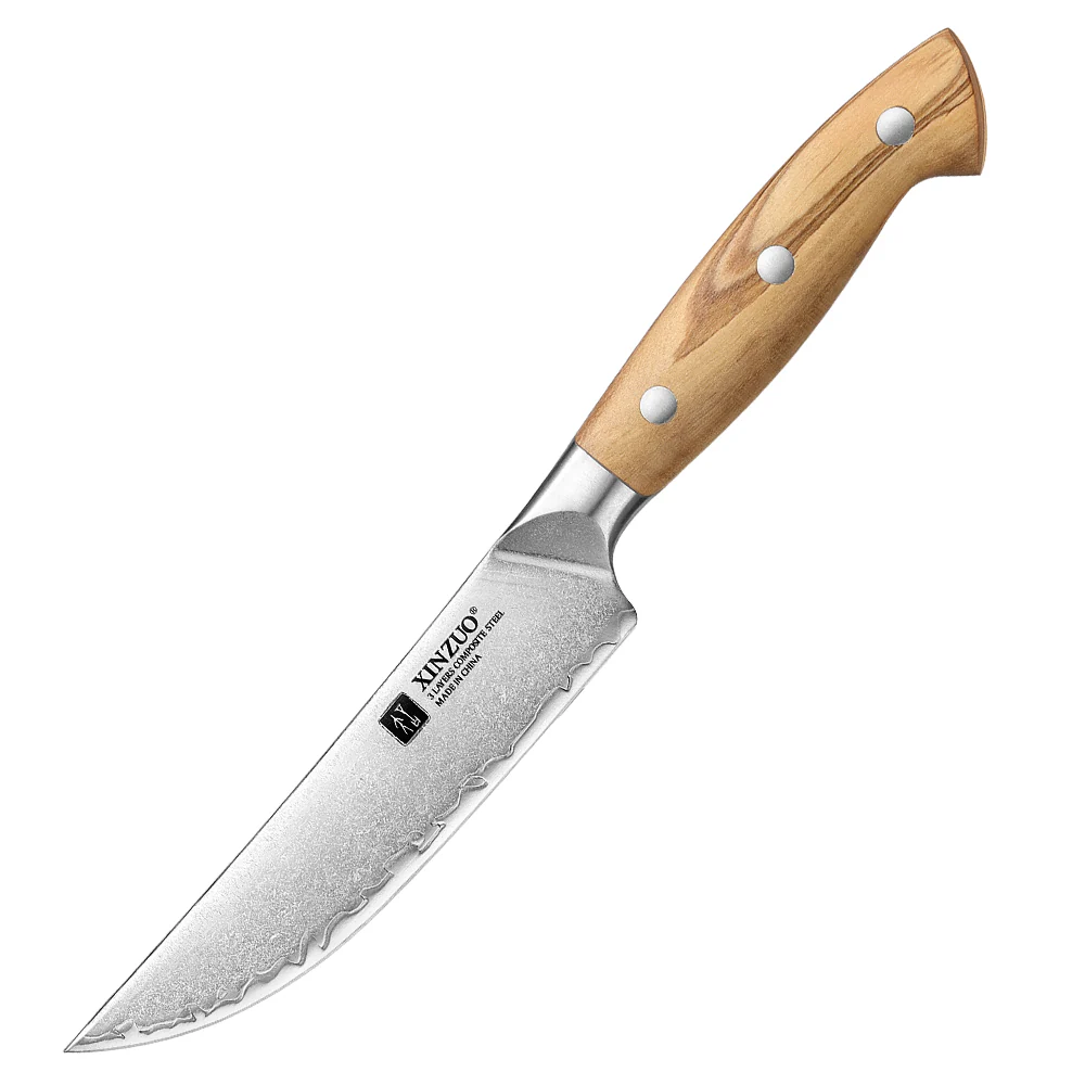XINZUO Single Steak Knife - Triple-Layer Composited Steel with Olive Wood Handle, Razor Sharp & Ergonomic Design-PIN Series X02O-NP