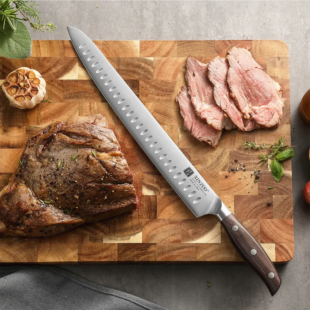 Xinzuo B35 12" Granton German Steel Carving Knife with Meat Carving Red Sandalwood Handle B35-12QR