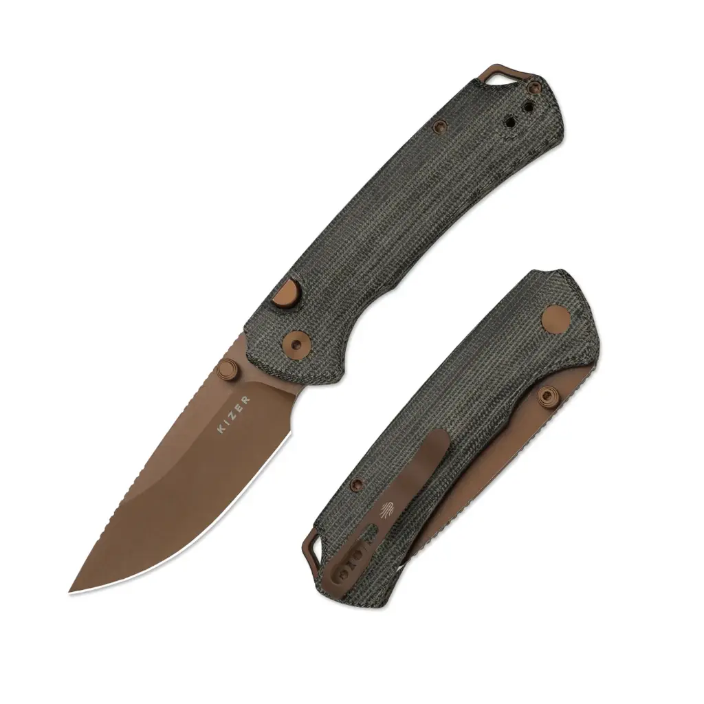 Kizer T1 BD | Button Liner Lock™ | Sunset Metal PVD | Nitro-V | Norplex UltreX Micarta | KizerV™ 3490.2BA2