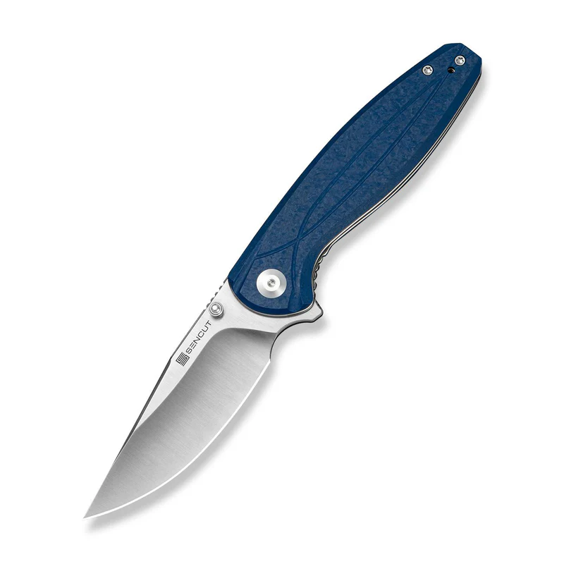 SENCUT Vyrce Flipper & Thumb Stud Knife Blue Shredded G10 Handle (3.49" Satin Finished D2 Blade) S25104-2
