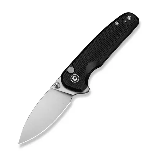CIVIVI Mini Shakan Flipper & Thumb Stud & Button Lock Knife Ripple Patterned Black Aluminum Handle (2.48" Satin Finished Nitro-V Blade) C20052F-1 