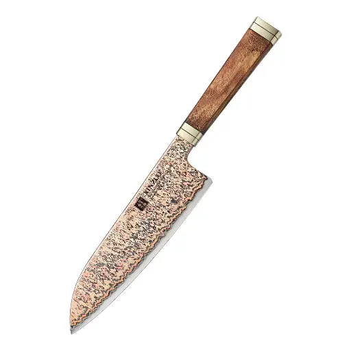 XINZUO 7 Inches Santoku Knife, 53-Layer Tri-Color Copper Damascus Steel,Rosewood Handle,Acacia Wooden Gift Box Packing X08C-RS