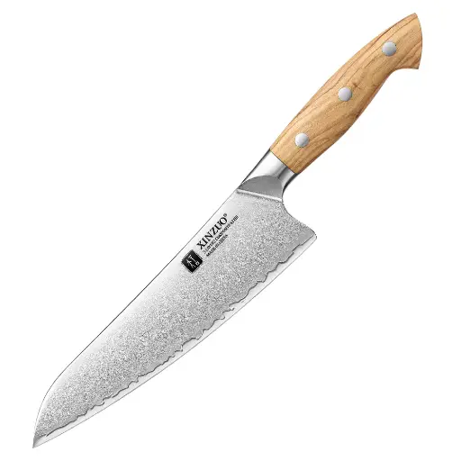 XINZUO Granton Edge Chef Knife - Triple-Layer Damascus Steel with Olive Wood Handle, Non-Stick & Razor Sharp-PIN Series X02O-RSCS