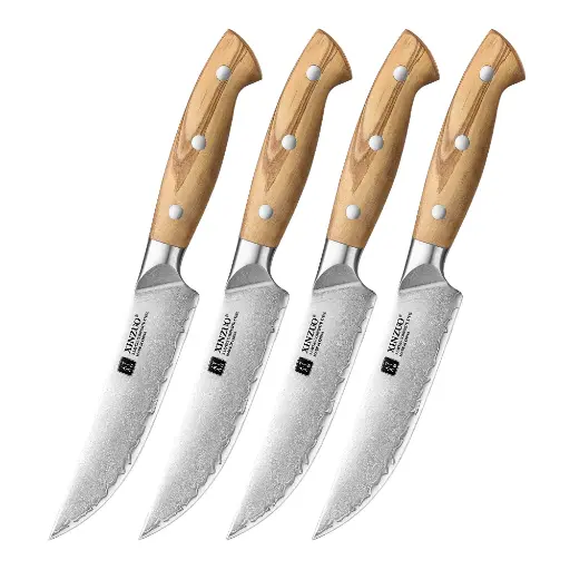 XINZUO 4PCS Steak Knife Set - Triple-Layer Composited Steel with Olive Wood Handle, Razor Sharp & Ergonomic Design-PIN Series X02O-4NP