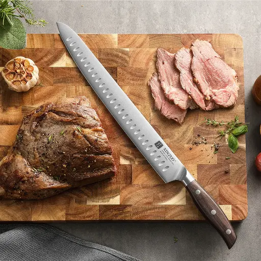 Xinzuo B35 12" Granton German Steel Carving Knife with Meat Carving Red Sandalwood Handle B35-12QR
