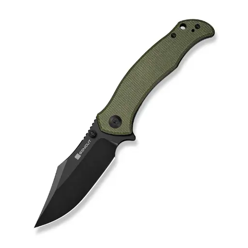SENCUT Tauron Flipper & Thumb Stud Knife Olive Canvas Micarta Handle (3.48" Black D2 Blade) S25060-3