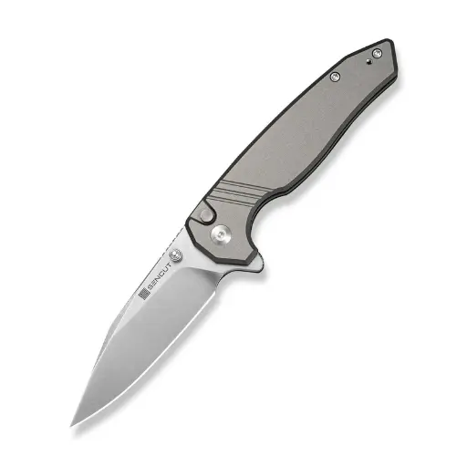 SENCUT Selkyris Flipper & Thumb Stud & Button Lock Knife Gray Aluminum Handle (3.36" Satin Finished D2 Blade) S25068-2 