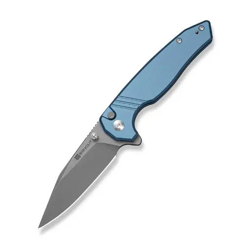 SENCUT Selkyris Flipper & Thumb Stud & Button Lock Knife Blue Aluminum Handle (3.36" Gray Stonewashed D2 Blade) S25068-3