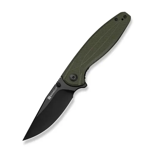 SENCUT Vyrce Flipper & Thumb Stud Knife OD Green G10 Handle (3.49" Black D2 Blade) S25104-1