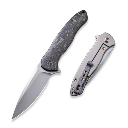 We Kitefin Shredded Carbon Fiber Presentation Handle With Gray Ti Lock Side Handle Polished Bead Blasted CPM S35VN Blade 
